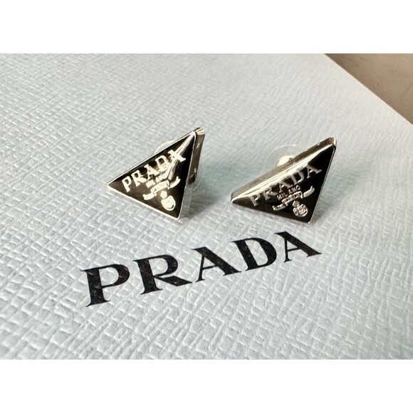 Black PRADA Triangle Symbole Metal Stud Earrings